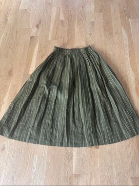 Olive Green Striped Pleated Midi Skirt